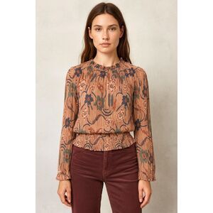 Joie Metallic Floral Smocked High Neck Top Gold Shimmer Romantic Boho Sz S